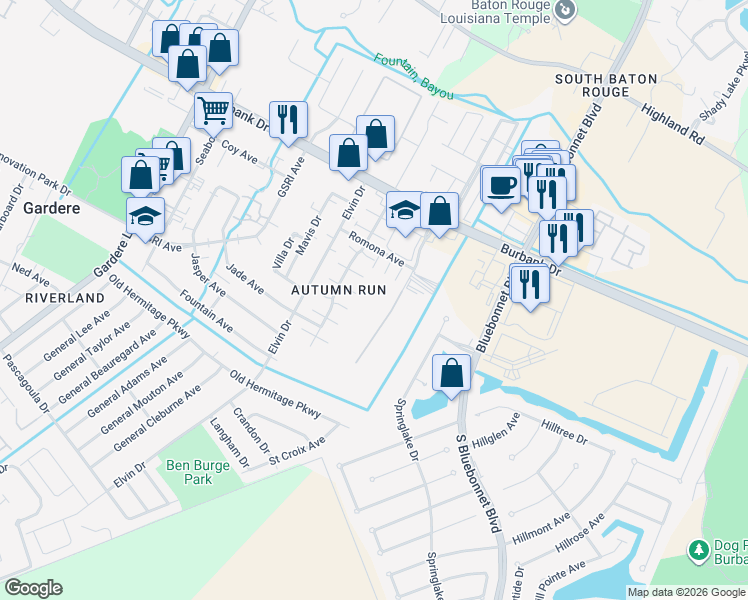 map of restaurants, bars, coffee shops, grocery stores, and more near 9141 Parkway Drive in Baton Rouge