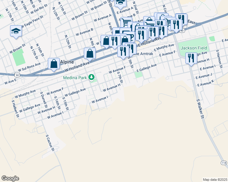 map of restaurants, bars, coffee shops, grocery stores, and more near 503 North 9th Street in Alpine