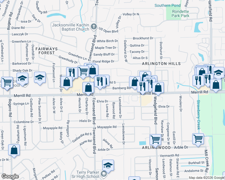 map of restaurants, bars, coffee shops, grocery stores, and more near 7336 Bamberg Road in Jacksonville