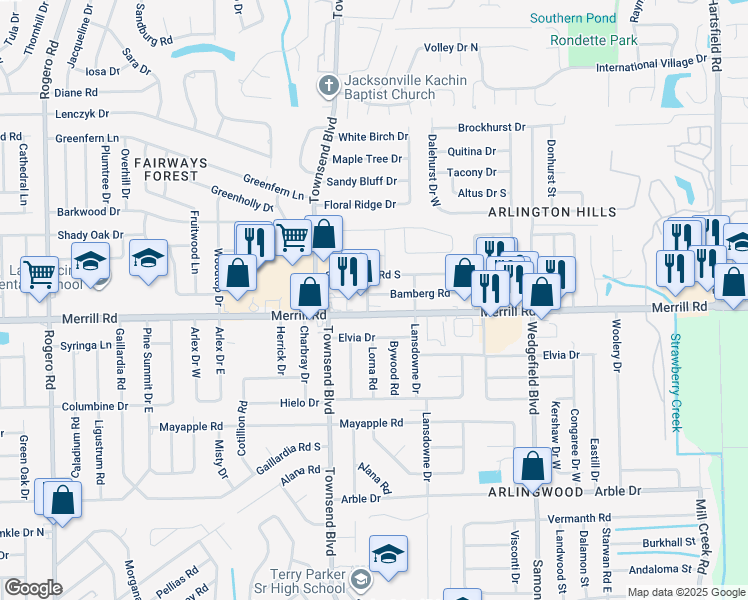 map of restaurants, bars, coffee shops, grocery stores, and more near 7293-1 Merrill Road in Jacksonville