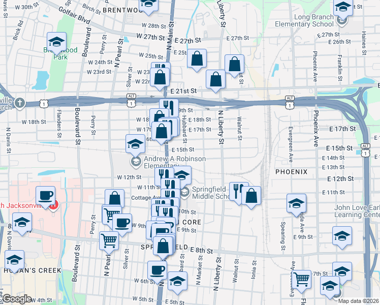 map of restaurants, bars, coffee shops, grocery stores, and more near 2404 Hubbard Street in Jacksonville