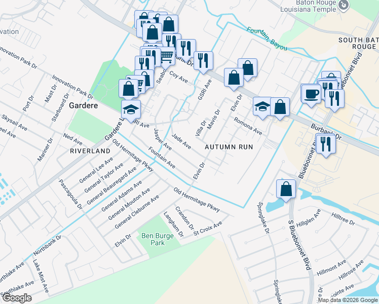 map of restaurants, bars, coffee shops, grocery stores, and more near 1907 Jasper Avenue in Baton Rouge