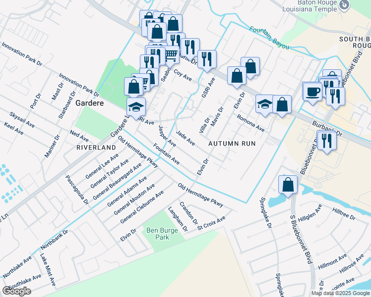 map of restaurants, bars, coffee shops, grocery stores, and more near 1907 Jasper Avenue in Baton Rouge