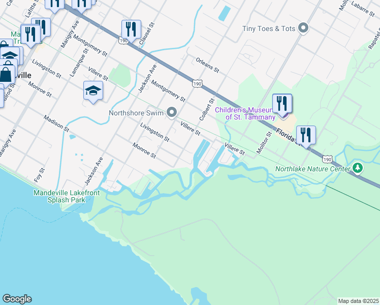 map of restaurants, bars, coffee shops, grocery stores, and more near 1106 Livingston Street in Mandeville