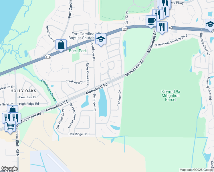 map of restaurants, bars, coffee shops, grocery stores, and more near 11363 Fort Caroline Lakes Drive North in Jacksonville