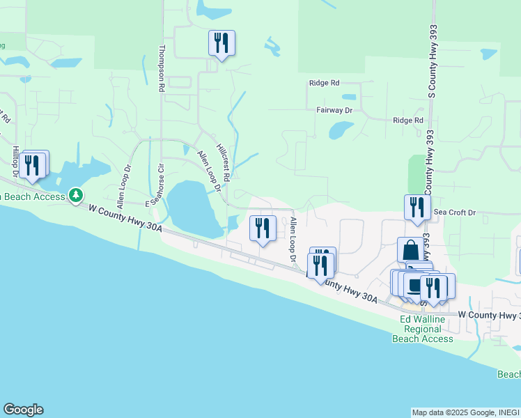 map of restaurants, bars, coffee shops, grocery stores, and more near 10 Allen Loop Drive in Santa Rosa Beach