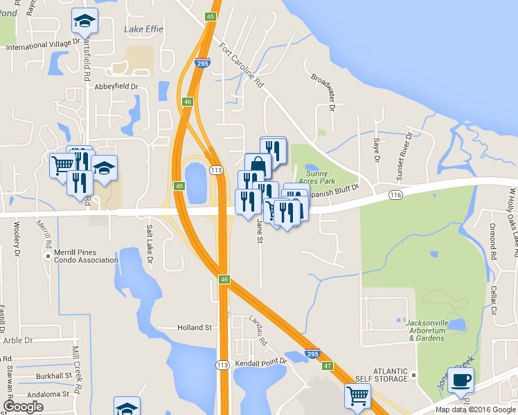 map of restaurants, bars, coffee shops, grocery stores, and more near 9115 Merrill Road in Jacksonville