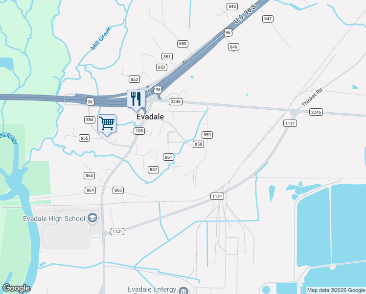 map of restaurants, bars, coffee shops, grocery stores, and more near 388 County Road 858 in Evadale