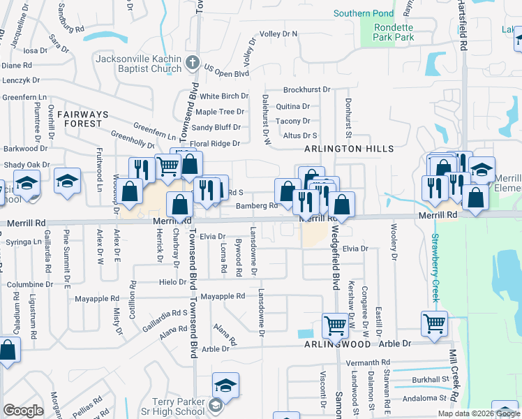 map of restaurants, bars, coffee shops, grocery stores, and more near 7428 Bamberg Road in Jacksonville