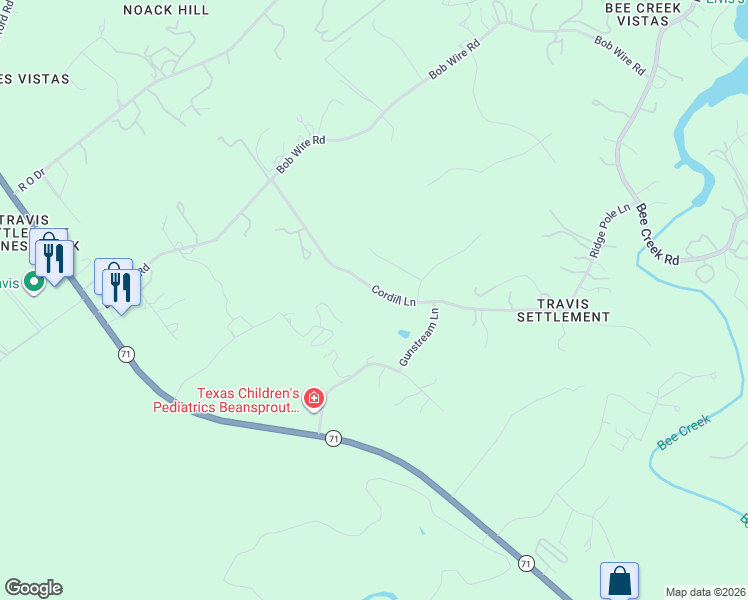 map of restaurants, bars, coffee shops, grocery stores, and more near 20409 Cordill Lane in Spicewood
