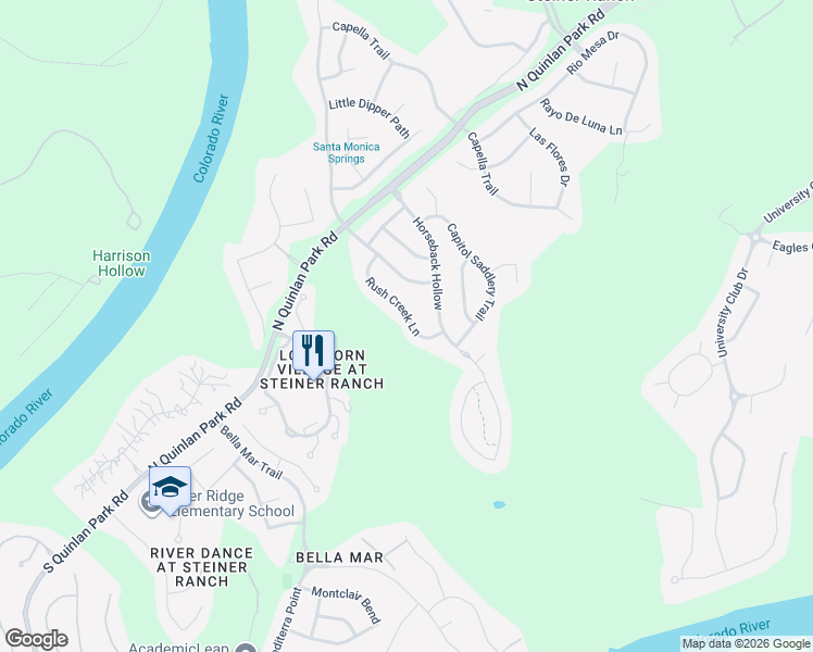 map of restaurants, bars, coffee shops, grocery stores, and more near 12605 Rush Creek Lane in Austin