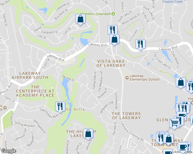 map of restaurants, bars, coffee shops, grocery stores, and more near 18 Falling Oaks Trail in The Hills