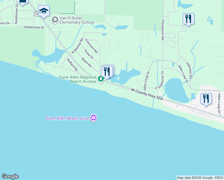 map of restaurants, bars, coffee shops, grocery stores, and more near 89 Fort Panic Road in Santa Rosa Beach