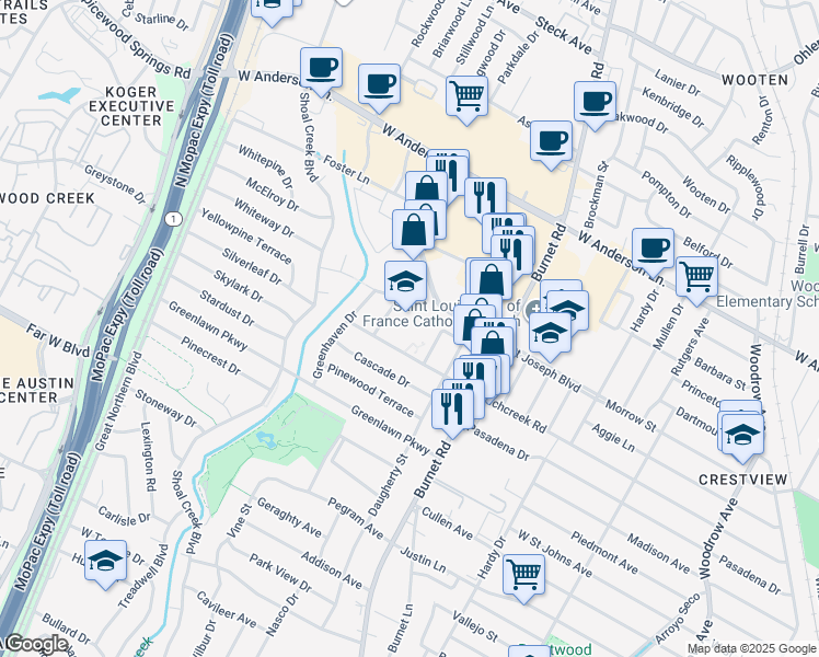 map of restaurants, bars, coffee shops, grocery stores, and more near 2608 Richcreek Road in Austin