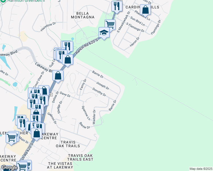 map of restaurants, bars, coffee shops, grocery stores, and more near 15100 Joseph Drive in Austin