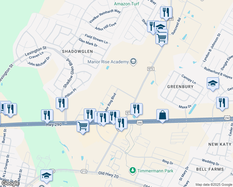 map of restaurants, bars, coffee shops, grocery stores, and more near 13100 Farm to Market Road 973 in Manor