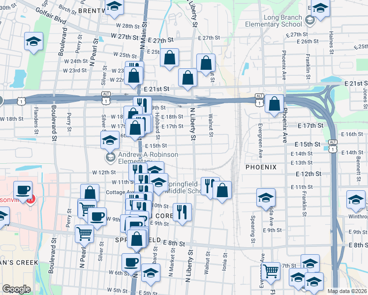 map of restaurants, bars, coffee shops, grocery stores, and more near 2406 North Liberty Street in Jacksonville