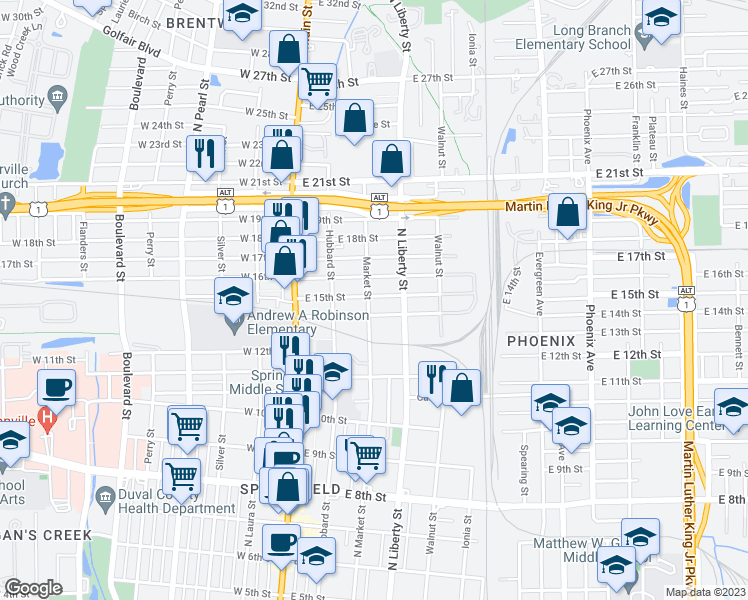 map of restaurants, bars, coffee shops, grocery stores, and more near 2425 North Market Street in Jacksonville
