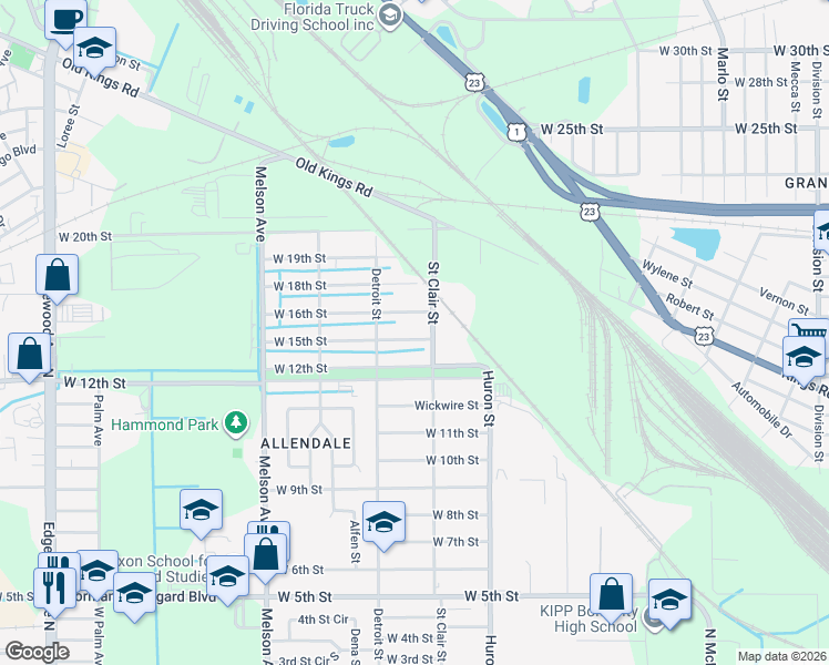 map of restaurants, bars, coffee shops, grocery stores, and more near 2925 West 15th Street in Jacksonville