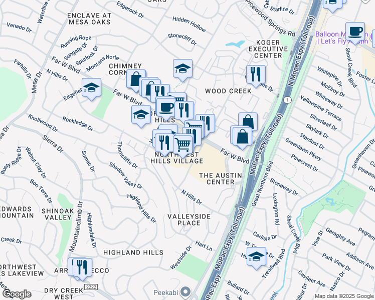 map of restaurants, bars, coffee shops, grocery stores, and more near 7028 Wood Hollow Drive in Austin
