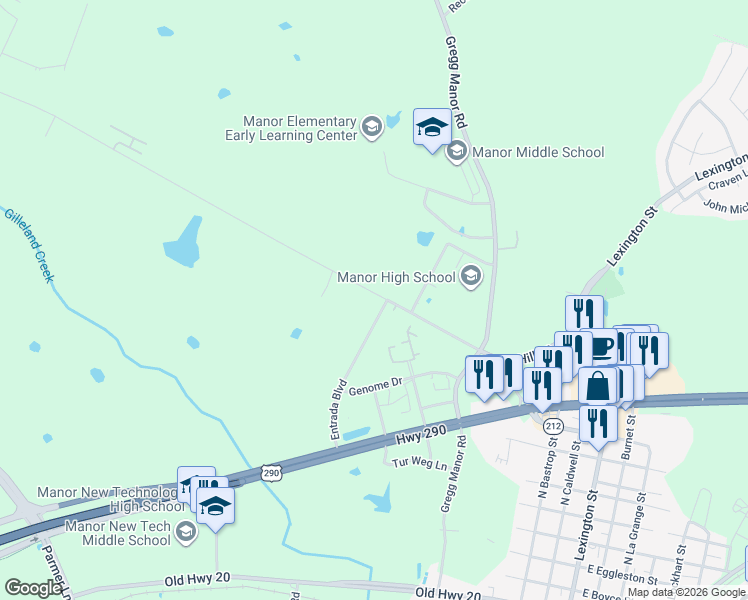 map of restaurants, bars, coffee shops, grocery stores, and more near 10267 Hill Lane in Manor