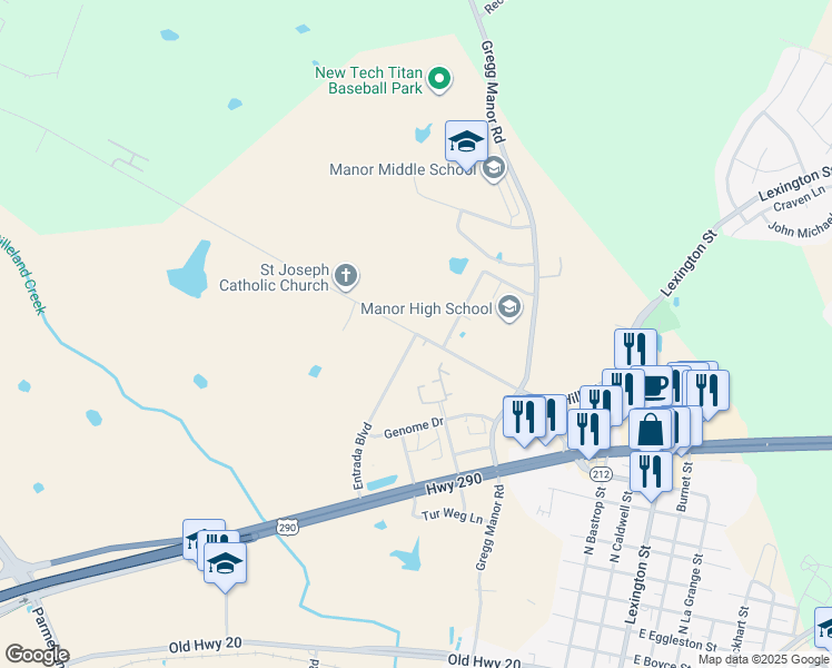 map of restaurants, bars, coffee shops, grocery stores, and more near 10267 Hill Lane in Manor