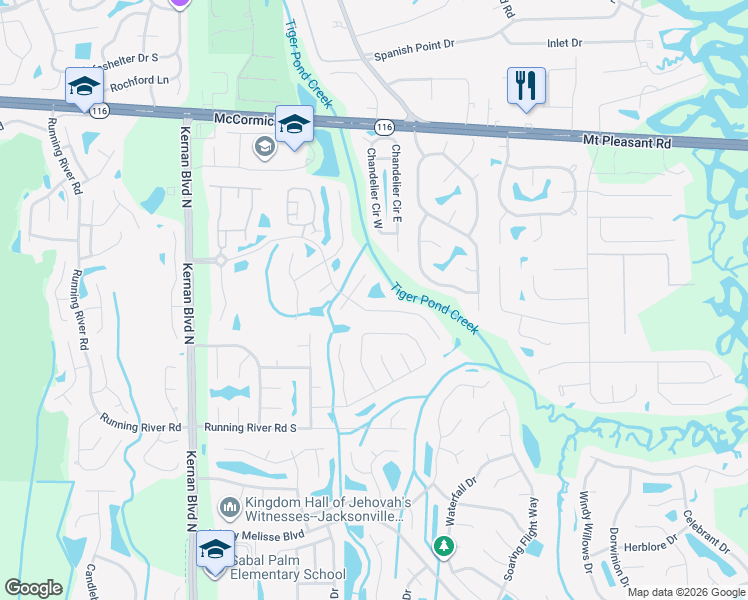 map of restaurants, bars, coffee shops, grocery stores, and more near 12575 Kernan Forest Boulevard in Jacksonville