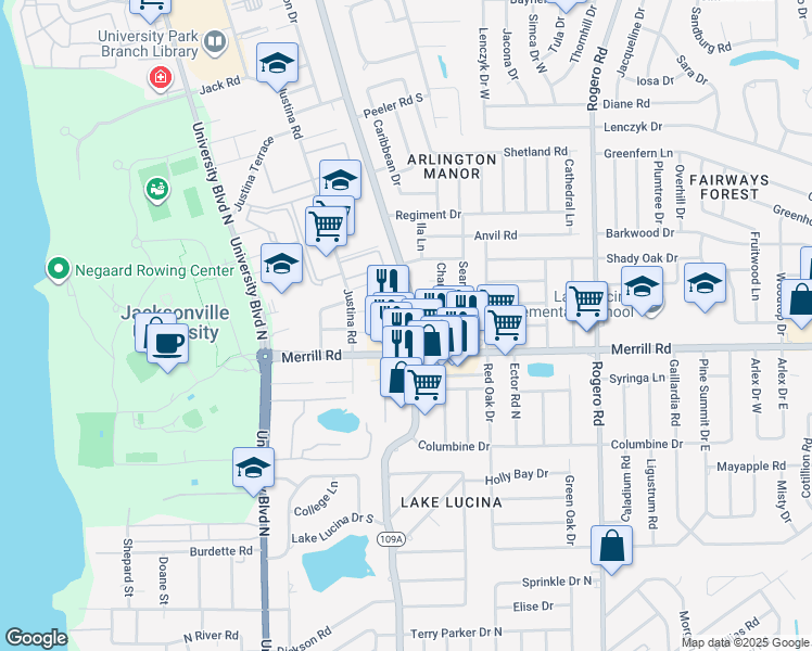 map of restaurants, bars, coffee shops, grocery stores, and more near 2824 Florida 109A in Jacksonville