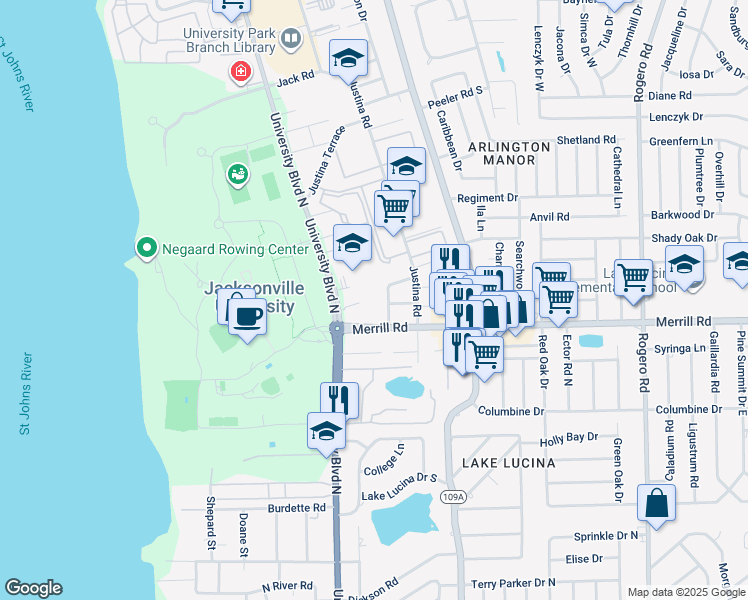 map of restaurants, bars, coffee shops, grocery stores, and more near 5629 Merrill Road in Jacksonville
