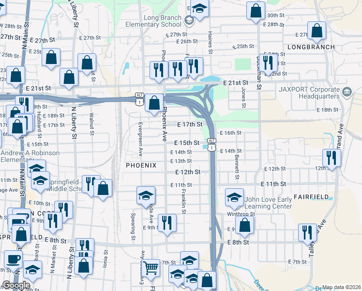 map of restaurants, bars, coffee shops, grocery stores, and more near 1177E East 14th Street in Jacksonville