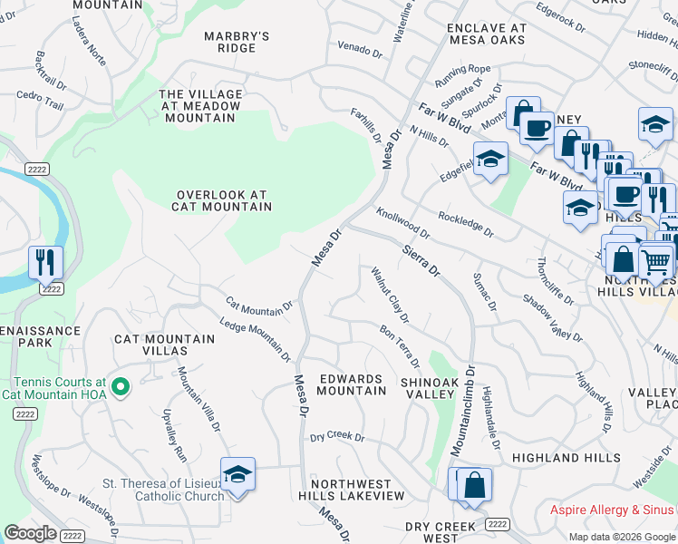map of restaurants, bars, coffee shops, grocery stores, and more near 4000 Mesa Cove in Austin