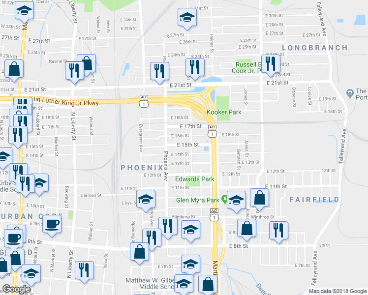 map of restaurants, bars, coffee shops, grocery stores, and more near 1162 East 15th Street in Jacksonville