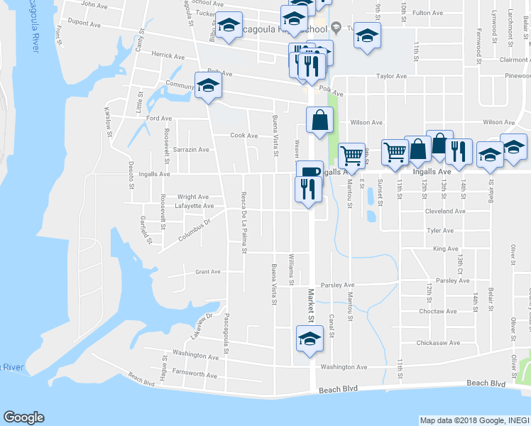 map of restaurants, bars, coffee shops, grocery stores, and more near 1606 Cherubusco Street in Pascagoula
