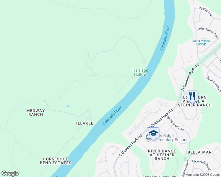map of restaurants, bars, coffee shops, grocery stores, and more near 120 Underhill Road in Austin