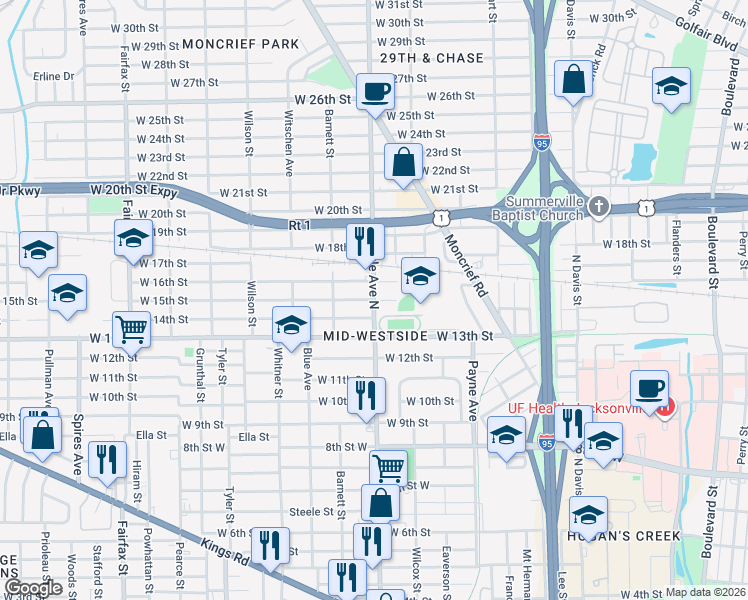 map of restaurants, bars, coffee shops, grocery stores, and more near Myrtle Ave & W 15th St in Jacksonville