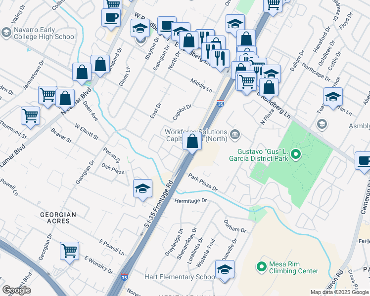 map of restaurants, bars, coffee shops, grocery stores, and more near 8900 North Interstate Highway 35 in Austin