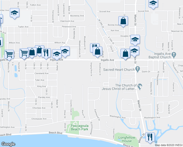 map of restaurants, bars, coffee shops, grocery stores, and more near 3001 Altama Avenue in Pascagoula