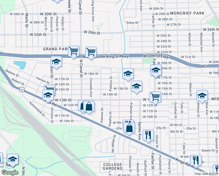map of restaurants, bars, coffee shops, grocery stores, and more near 2042 West 15th Street in Jacksonville