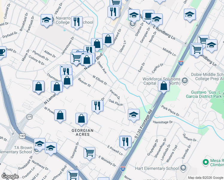 map of restaurants, bars, coffee shops, grocery stores, and more near 8606 Georgian Drive in Austin