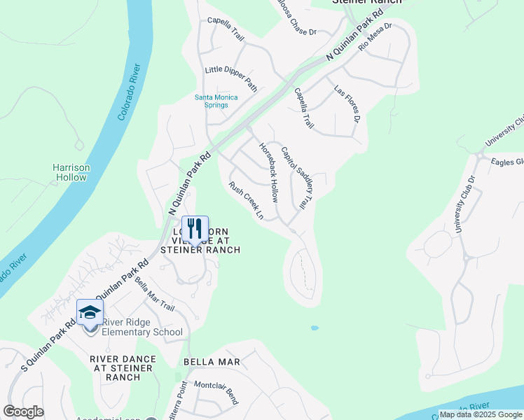 map of restaurants, bars, coffee shops, grocery stores, and more near 12600 Rush Creek Lane in Austin