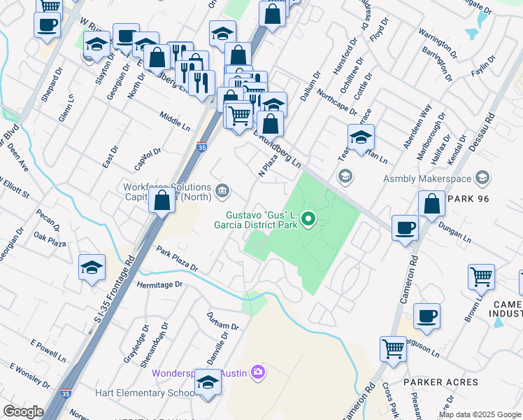 map of restaurants, bars, coffee shops, grocery stores, and more near 9009 North Plaza in Austin