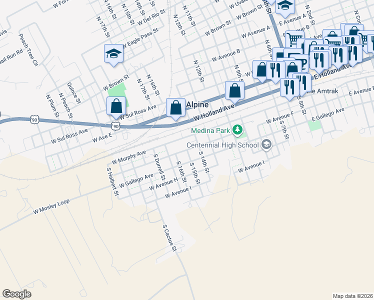 map of restaurants, bars, coffee shops, grocery stores, and more near 1100 West Avenue F in Alpine