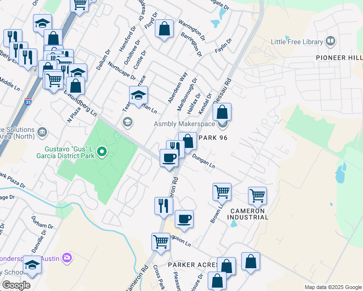 map of restaurants, bars, coffee shops, grocery stores, and more near 9500 Dessau Road in Austin