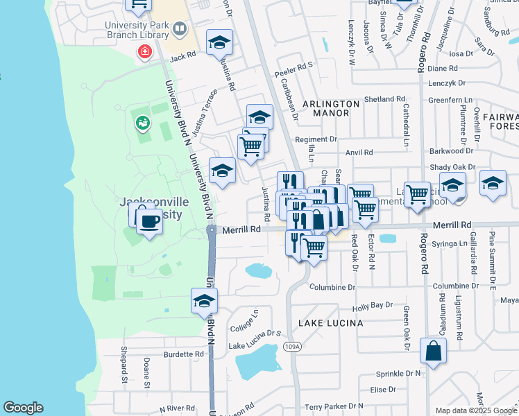 map of restaurants, bars, coffee shops, grocery stores, and more near 5739 Techwood Drive in Jacksonville