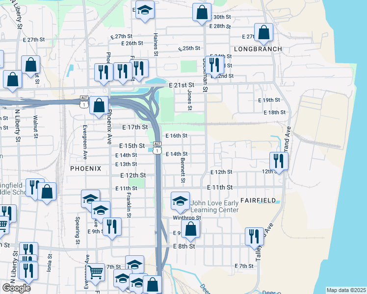 map of restaurants, bars, coffee shops, grocery stores, and more near 1517 East 14th Street in Jacksonville