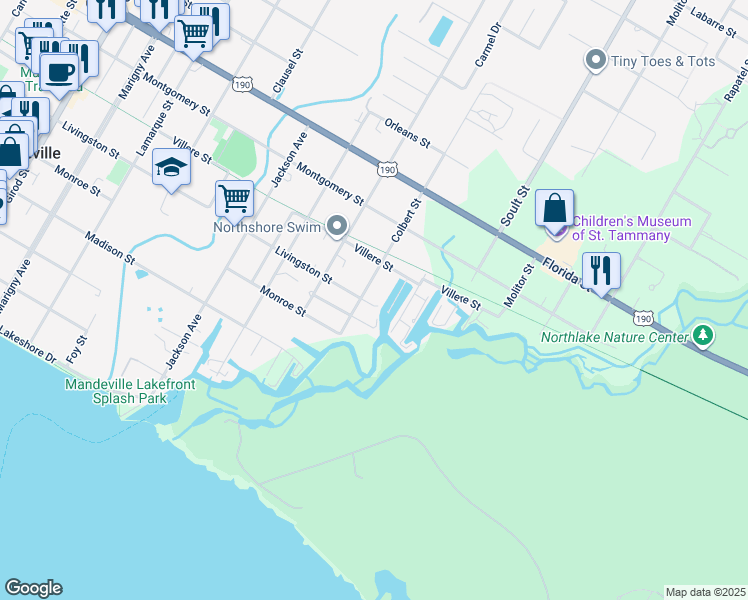 map of restaurants, bars, coffee shops, grocery stores, and more near 596 Colbert Street in Mandeville