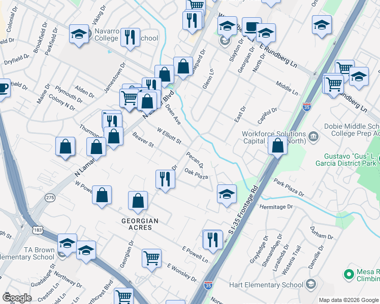 map of restaurants, bars, coffee shops, grocery stores, and more near 8606 Georgian Drive in Austin