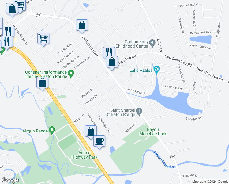 map of restaurants, bars, coffee shops, grocery stores, and more near 18426 Jefferson Highway in Baton Rouge