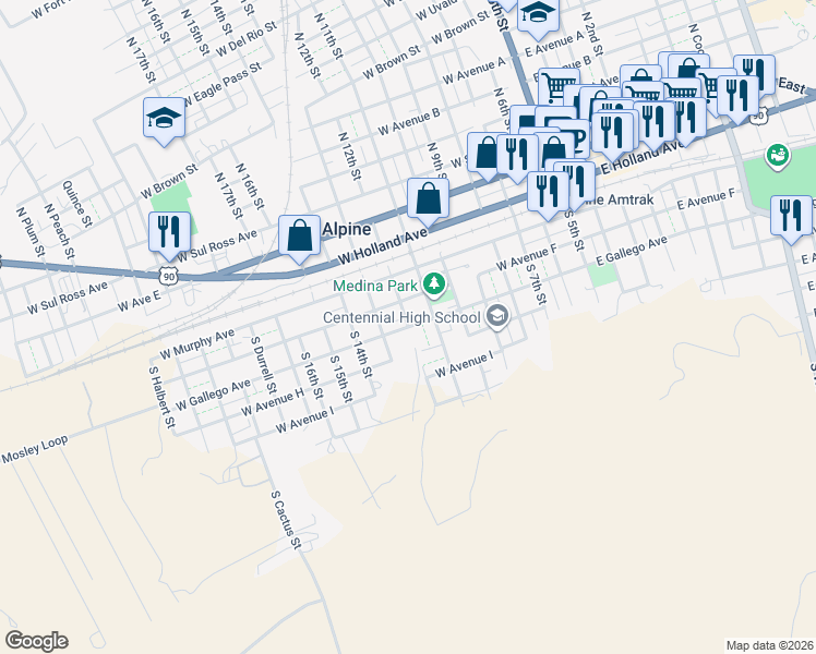 map of restaurants, bars, coffee shops, grocery stores, and more near 800 West Gallego Avenue in Alpine