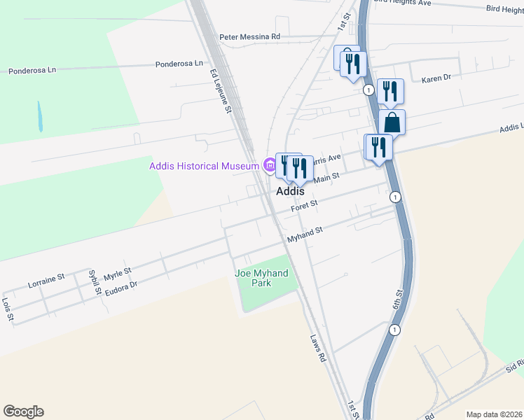 map of restaurants, bars, coffee shops, grocery stores, and more near 8056 Ed Lejeune Street in Addis